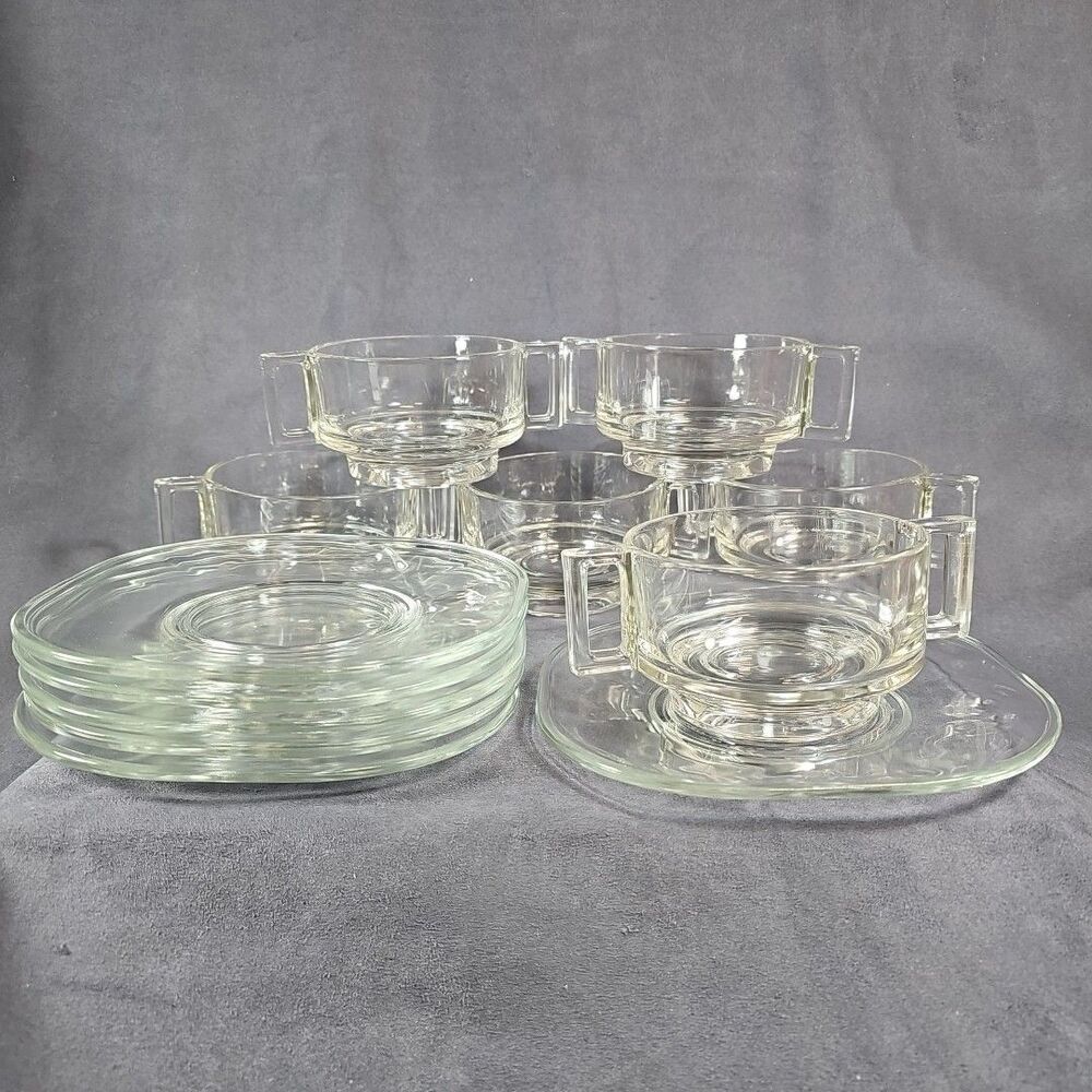 Set 6 Joe Colombo Arno Italy Glass Teacup Coffee Cups & Saucers Plates Modernist